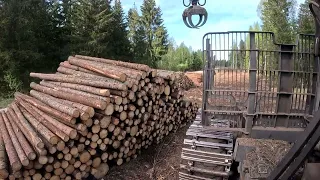 John Deere 1010G Forwarder - Unloading pine and spruce logs (Sped up video)