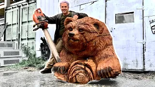 LIFE SIZE WOODEN GRIZZLY BEAR - Amazing Chainsaw Carving Massive WOOD STUMP