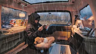 Solo Camping in Heavy rain with My Dog . Relaxing in the Car Camping ASMR