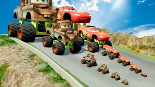 Big & Small Monster Truck Tow Mater vs Big & Small Monster Truck Mcqueen vs DOWN OF DEATH in BeamNG