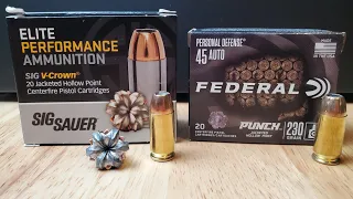 45acp Sig V Crown vs Federal Punch. Ballistic Gel Test.  Is the punch TOO GOOD?