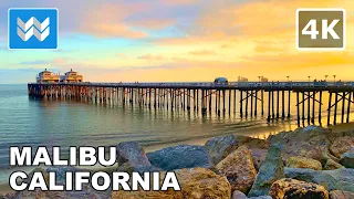 [4K] Malibu Beach Pier in California USA - 2021 Sunset Walking Tour 🎧 Binaural Sound