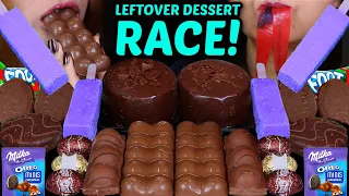ASMR LEFTOVER DESSERT RACE! BUBBLY CHOCOLATE, MOUSSE CAKE, PURPLE ICE CREAM, MILKA OREO, KINDER EGGS