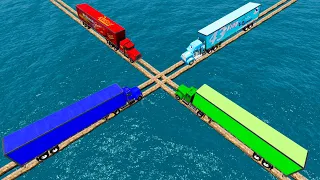4 Trucks Crossing Parallel Cross Log Bridge vs Deepwater - Mack Truck Vs Dinoco Truck - BeamNG.Drive