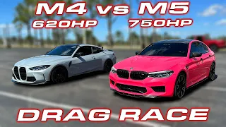 BMW M4 vs M5 1/4 Mile DRAG RACE