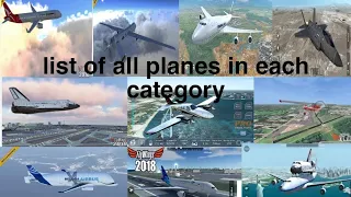 List of all planes of each category in Flight Simulator flywings 2018.