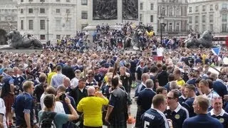 Walking amongst the Scottish Tartan Army football fans in Trafalgar Square, London 14th August 2013