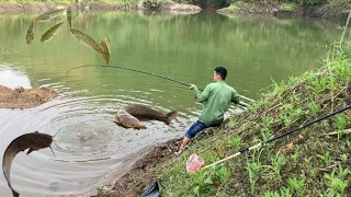 Super large fish fishing in a large lake in a ravine