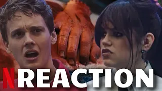 WEDNESDAY Cast React To The Shocking Scene Where Thing Is Stabbed With Jenna Ortega | Netflix