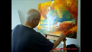 Artist Leonid Afremov painting an oil painting  on canvas with a palette knife, October 26th, 2011