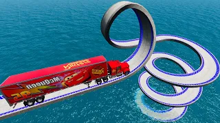 Mack Truck Vs Impossible Loop Spiral Bridge Crossing Cars Vs Deepwater - BeamNG.Drive