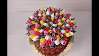 торт КОРЗИНА с РАЗНОЦВЕТНЫМИ ТЮЛЬПАНАМИ! Украшение БЗК !Tulpenkorb Torte !  Tulip basket cake