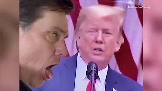 Jim Carrey coughs over the TV as President Donald Trump gives speech