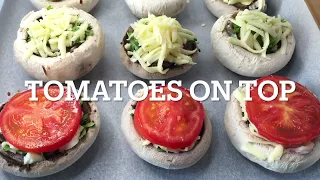 (SUB)CIUPERCI UMPLUTE. STUFFED MUSHROOMS. Fuet, Garlic, Cheese, Tomatoes. Easy, Delicious Recipe