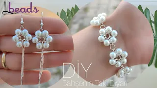 Beyaz inci bileklik & küpe yapımı/DİY/White pearl bracelet and earring making //Lbeads