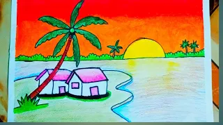beautiful sunset drawing/How to Draw Beautiful Sunset in the river| Easy Sunset Scenery Drawing