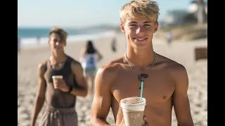 💜 Friendship & Sunshine 🏳️‍🌈 45 Beautiful Boys enjoying their Frappuccinos 🧋 in LA! 😎 (AI)