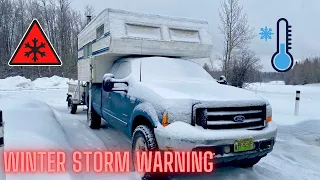 Living in Our Renovated Truck Camper in -24C (-10F) Stuck in a Winter Snow Storm | Tiny Living