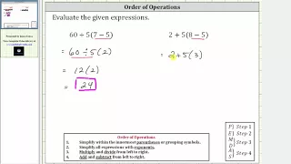 Order of Operations: Simplify 60/5(7-5) and 2+5(8-5)