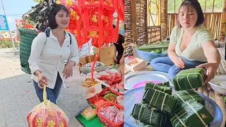 Girl goes to the market to shop for Tet items, wrapping traditional rice cakes.