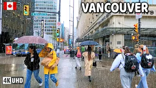 🇨🇦 【4K】⛈️⛈️⛈️ Rain Walk in Downtown Vancouver BC. April 2024. Travel Canada. Relaxing Walk.