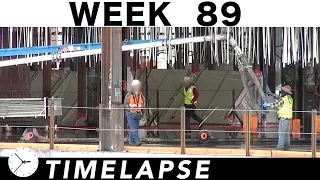 One-week construction time-lapse with 33 closeups: Ⓗ Week 89: Cranes, concrete, bulldozer, more