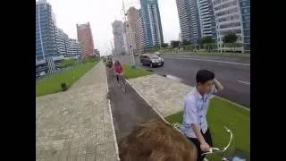 Riding down the brand new Scientists Street in Pyongyang, North Korea