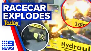 Raceway car engine explodes, leaving five injured | 9 News Australia