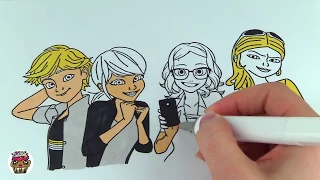 Miraculous Ladybug and Cat Noir Coloring Book Pages Adrien, Marinette, Alya, and  Chloe