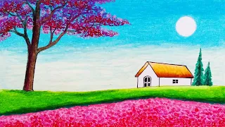 How to Draw Easy Scenery of Spring Season House | Simple Cherry Blossom Scenery Drawing