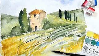 Easy Italian Watercolor Landscape using my new Gallo paintbox - Tuscany Painting Tutorial