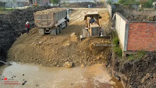 Unexpected​ remove water mud recovery new road with foundation job skills komatsu dozer dump truck