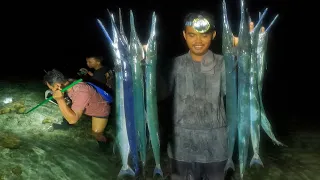 Menombak ikan malam hari di spot lama panen banyak ikan Giant neendlefish