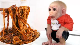 The first time baby monkey Jic Jic was fed Black Bean Noodle paste by his Father