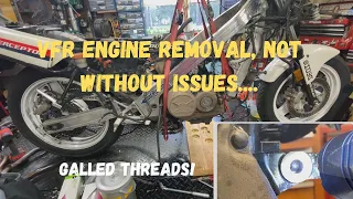VFR750 Interceptor engine removal, NOT WITHOUT ISSUES! Galled threads, rusted exhaust, Video #3.