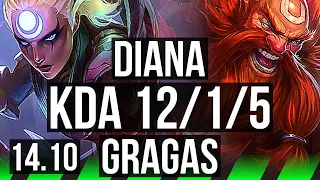 DIANA vs GRAGAS (JGL) | 12/1/5, 66% winrate, Rank 8 Diana, Godlike | EUW Challenger | 14.10