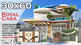 30X60 Feet | 1800 Sqft Modern Curved Facade House with Large Front & Rear lawn | 200 Gaj | ID-143