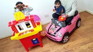 Baby Going to McDonald's Drive Thru Pretend Play | Kitchen Playset Pink Mini Cooper Ride On Car