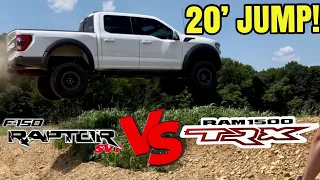 Off Road JUMP & Drag Race: 2022 RAPTOR vs. RAM TRX! *Almost Crashed