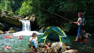 solo camping | Grilling meat on the rock / fishing in the forest / cooking by the stream / shelter