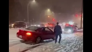 Cars Lose Control on Slippery Road After Snowfall and Pileup on Side - 1386485