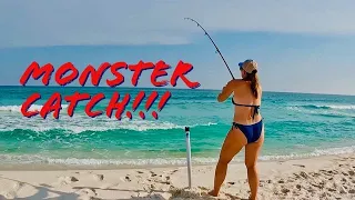 Girl lands a MONSTER while surf fishing for POMPANO!!!