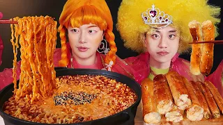 Cheese Buldak Fire Chicken Noodles and Whole Roasted Tripe Mukbang ASMR with Frozen Anna