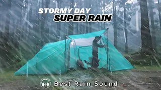 🎧 SOLO CAMPING in very heavy rain with JUMBO TENT in the forest (Rain Sound ASMR)