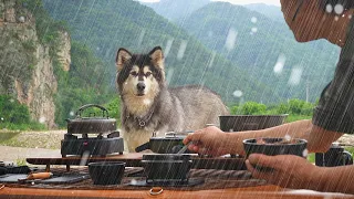 ☔ Dangerous Camping in Heavy Rain 🐕 Overnight with a dog in a truck docking tent | DEFENDER 130