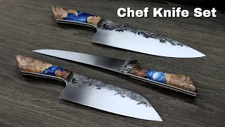 Making a set of 3 kitchen knives from 80CrV2 steel FULL KNIFE BUILD Forging, Heat Treat, Sharpening