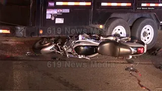 LEMON GROVE - Motorcyclist trapped under truck after accident, hospitalized with major injuries