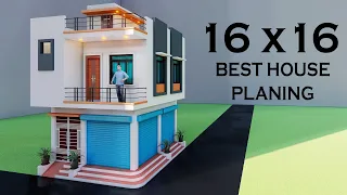 16 X16 निचे दुकान ऊपर मकान का नक्शा,3D Small Shop With House Elevation,256 sqft House Plan