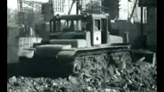 DET-250 tractor. Damming the Miass river. Chelyabinsk, Soviet Russia. (1963).