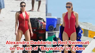 Alexandra Daddario in Red Swimsuit on the set of ‘Baywatch’ in Tybee